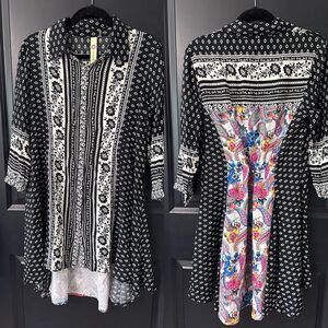 ANTHROPOLOGIE CYRENA Black White Floral Paisley High Low Pleat Shirt Dress Boho